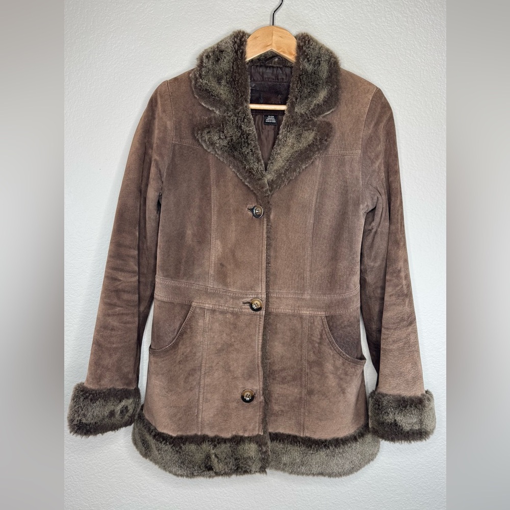 Women‎ Vintage Style Brown Leather Penny Coat Fur Trim Trench Coat Jacket Small